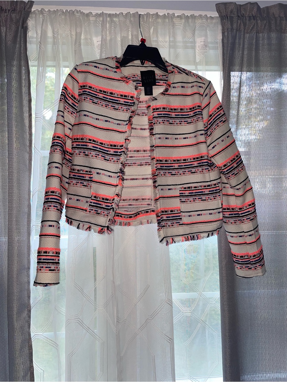 Cropped Fringe Tweed Jacket - White with Coral & Black Stripe